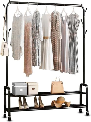 Vonia Kleiderständer mit Rollen & Doppel-Schuhablage – Schwarzer Kleiderständer aus Metall, 152 x 34 x 102 cm, stabil & mobil – Garderobenständer Kleiderregal für Schlafzimmer & Flur