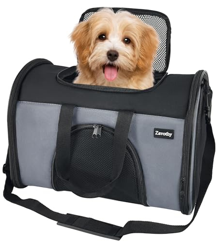 Zavothy Sac Transport Chat Chien, Sac Transport Respirant et Pliable, Caisse de Transport Chat avec Bandoulière Réglable, Matelas en Peluche Amovible, S, Gris