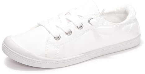 FUNKYMONKEY Women's Canvas Sneakers, Classic Low Top Comfort Lace up Slip-On Casual Flat Walking Shoes (8 M US, White/JD)