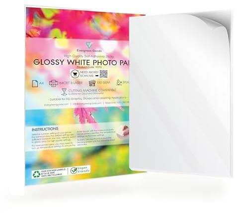 EVG A4 White Glossy Self-Adhesive Photo Sticker Paper | 50 Sheets | Inkjet & Laser Printable | Splashproof & Multipurpose | Extra Sticky Back | Ideal for Product Labelling & Home Organisation