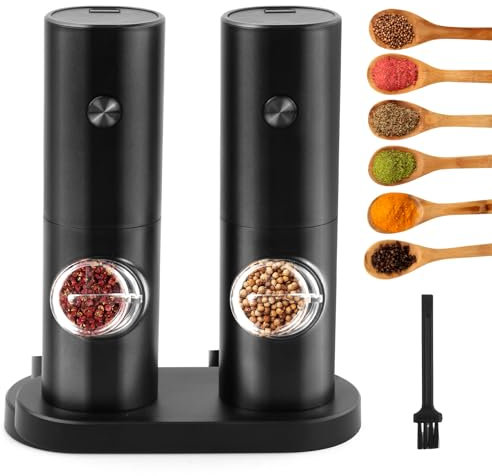 Jinlaili Lot de 2 Moulin à Poivre Électrique avec Base et Brosse de Nettoyage, Grossièreté Réglable, Moulins Sel et Poivre Electrique avec Lumière LED, pour Cuisine, Barbecue, Restaurant