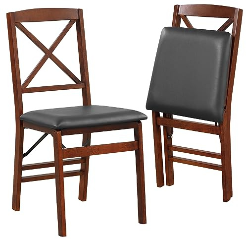 COSTWAY Padded Folding Chair Set of 2/4, Rubber Wood Counter Dining Chairs with Backrest, Upholstered Kitchen Office Conference Seats, 180kg Capacity (PVC Leather Seat, Cross Back, Brown+Black, 2)