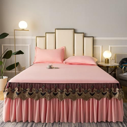 Mesnt Bettvolant für Boxspringbett, 180 x 200cm Baumwolle Einfarbig mit Stickereien Bettrock Bettvolant MatratzenüBerzug, Hellrosa