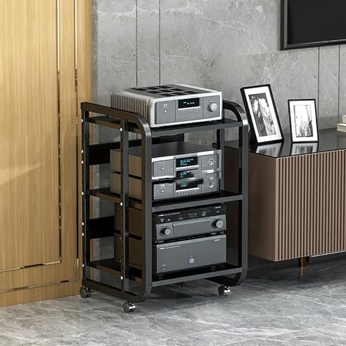 Audio Rack Gaming Hylla DVD Hylla AV Media Stand Hörnhylla med förvaringshyllor och Universal Wheel Record Player Stand för Living Room Gaming Room Music Studio Recording Room.(Black,50x42.5x70cm)