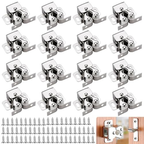 UZSUZZ 16 Piezas Pestillo de Doble Rodillo,Doble Rodillo Gabinete Pestillo Puerta, Cierres De Doble Rodillo con 64 tornillos para Puerta de Armario Cocina Casa y Muebles Baño Cerradura de Captura