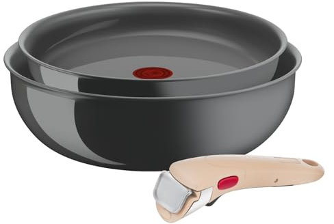 Lagostina Ingenio Vivissima, Set Padella 24cm e Wok 26cm in Ceramica Antiaderente con Manico Rimovibile Beige, 100% Alluminio Riciclato e Tecnologia Thermo-Signal, per Tutte le Fonti di Calore