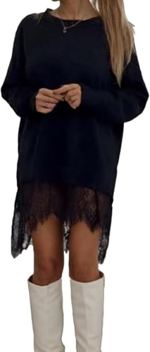 LLECDASEUI Mujeres Encaje Patchwork Mini Vestido Asimétrico Dobladillo Abertura Manga larga Sudadera Vestidos, Elegante Casual Camisetas Corto Vestido