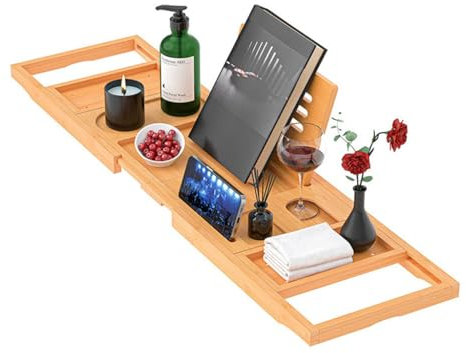 Plateau Baignoire en Bambou Extensible et Pliable - Support pour Verre à Vin, Fruits - Tablette de Bain Réglable en Longueur (Naturel)​