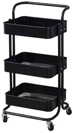 Metal Trolley on Wheels | Storage Shelves | Makeup Storage | Cleaning Trolley | Shelves Unit | Utility Cart | Cleaning Caddy | Metal Rolling Cart (3-Tier Black)