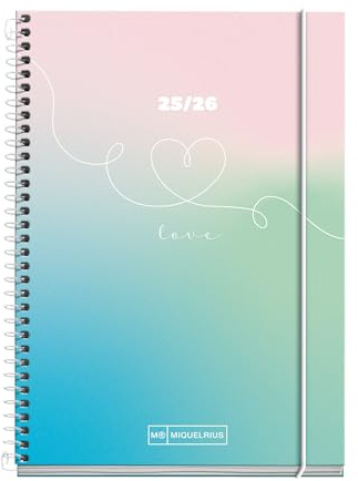 Miquelrius Agenda scolaire 2025/2026, planification 10 mois : de septembre à juin, dimensions 117 x 174 mm, vue hebdomadaire, couverture en carton doublé, spirale métallique blanche, catalan-anglais