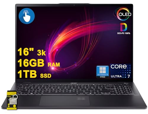 acer Swift 16 AI Laptop 16 3k OLED Touch 100% DCI-P3 Intel 8-core Ultra 7 Series 2 256V (Up to 47 Tops) 16GB DDR5 1TB SSD for Creator Designer Business Professional Win11Pro ICP Hub