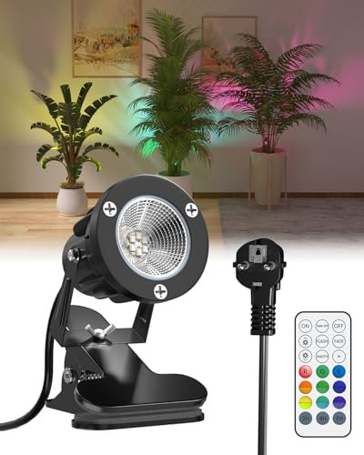 TobeBright 6W RGB LED Clip On Spot Light with Remote Control, Mains Powered Plug in Spot Light Indoor and Outdoor IP65 Water Resistant, 15 RGB Colours + Warm White 3000K, 1.78m Cord