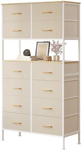 Mintnook Cómoda con 12 cajones, Cajonera de Tela, Cómoda de Dormitorio, Diseño Central Abierto, Unidad de Almacenamiento de Tela, Estructura de Metal, Beige