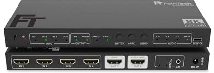 FeinTech SW411 Commutateur HDMI 2.1 4 en 1 avec extracteur audio pour systèmes audio avec entrée HDMI, Toslink et AUX, prend en charge 4 K 120 Hz et 8 K