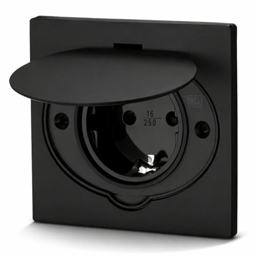 Prise encastrable en acier inoxydable, prise de sol IP44, couvercle rabattable, borne de raccordement, noir