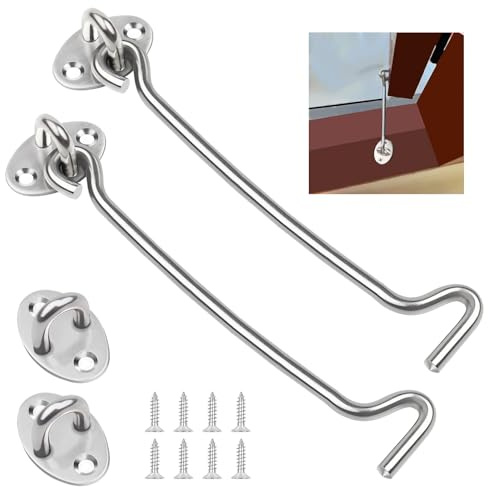 CHSEROK 2 Pezzi Gancio Fermaporta, 10 Pollici in Acciaio Inossidabile Ferma Persiane con Fori e 8 Viti, Colore Argento e Chiavistello Porta, Gancio per Persiane per Chiuder Domestico, Giardino