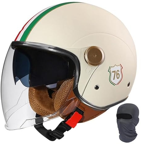 Casco da moto jet con doppia visiera, casco jet retrò, mezzo casco omologato ECE/DOT, lente lunga, for uomo e donna, scooter, cruiser, scooter(Light Beige,L(58~59cm))