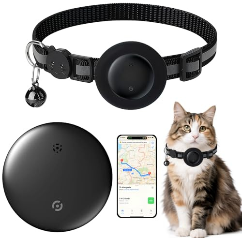 Cat Tracker, Dog Tracker with No Monthly Fees, Real Time Cat GPS Trackers, Works with Apple Find My (Only iOS), GPS Tracking Device with Black Elastic Cats Collar for Kitten Puppy