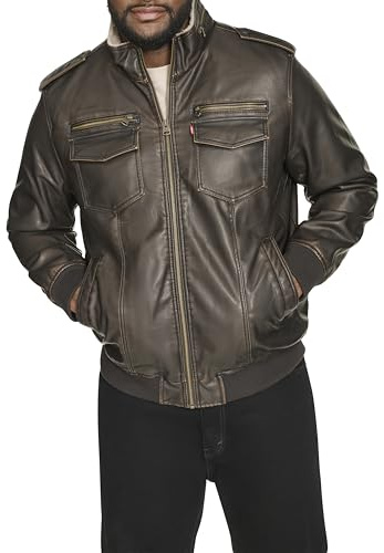 Levi's mens Vintage Deer Sherpa Lined Aviator Bomber Faux Leather Jacket, Dark Brown, Medium US