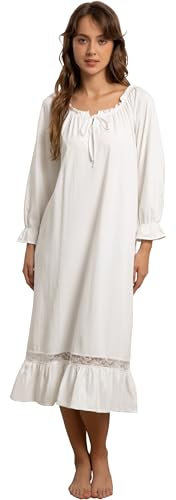 Nanxson Damen Baumwolle Nachthemd Langarm Nachtwäsche Vintage Viktorianisch Nachtkleid Schlafanzug (S, Weiß)