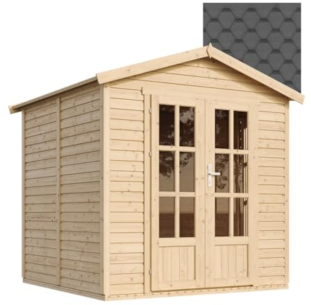 TIMBELA M351FB Ufficio in Legno da Giardino Con Tegole Bituminose Nere W233xD222xH233cm, Cabina Chiudibile, Home Office, Studio