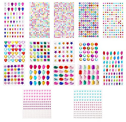 Vicloon 1908Pcs Crystal Rhinestone Stickers, 16 Sheets Self Adhesive Bling Rhinestone Jewels Sticker, 9 Styles Gem Stickers for DIY Craft Cards Face Makeup Embellishment Diamond Gem Decorations