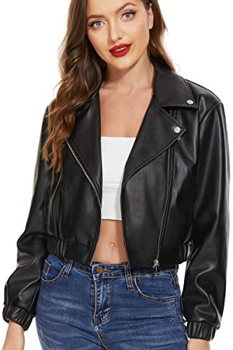 Fahsyee Lederjacke Damen Kunstlederjacke, Motorrad Übergröße Moto Biker Reißverschluss Mantel Kurz Leicht Vegan Beschnitten, Schwarz L