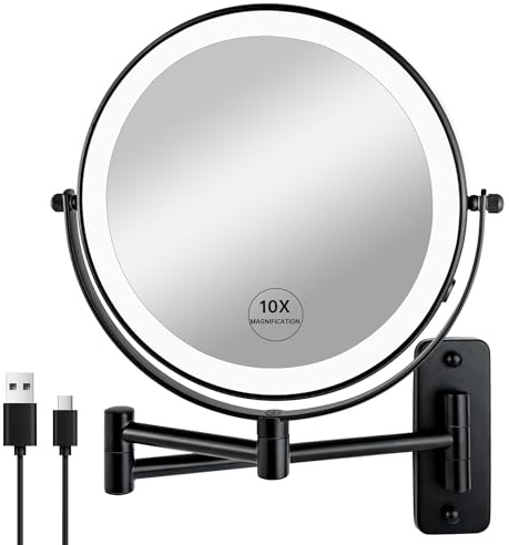 JANEEVA 8 Wall Mounted Lighted Makeup Mirror,Rechargeable Double Sided 1X/10X Magnifying Mirror with 3 Color Lights,Touch Dimmable Bathroom Vanity Mirror with 360°Swivel Extendable Arm Matte Black