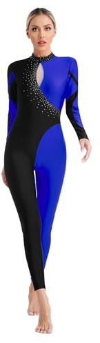 TiaoBug Maillot de Patinaje Artístico Mujer Body de Danza Brillante con malla transparente de manga larga Leotardo de Baile Gimnasia Rítmica Traje de Danza Azul M