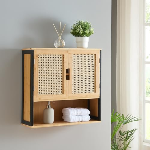 [en.casa] Armoire Murale de Salle de Bain Placard Suspendu avec 2 Portes et 2 Étagères Meuble de Rangement Flottant MDF Bambou 60 x 60 x 20 cm Noir Naturel Effet Rotin