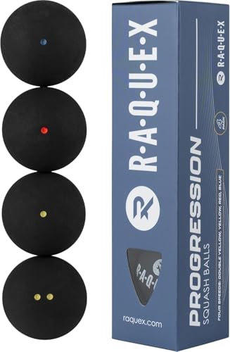Raquex Progression Squashbälle – 4 gemischte Bälle – 4 Geschwindigkeiten pro Box – roter Punkt, Blauer Punkt, gelber Punkt, doppelter gelber Punkt, Wettbewerb genehmigt von World Squash Federation