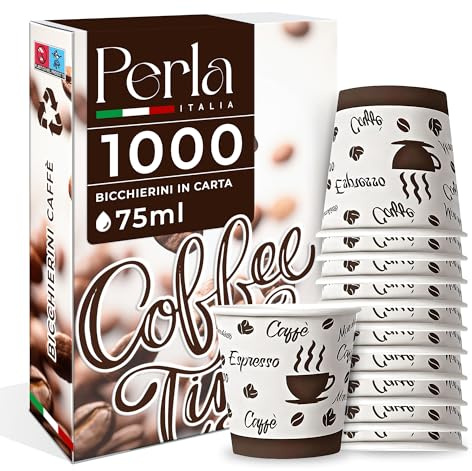 Perla - 1000 Bicchierini Caffe Carta 75ml - Bicchieri Caffè Monouso Biodegradabili - Bicchierini da Caffè Usa e Getta Ecosostenibili per Bevande Calde