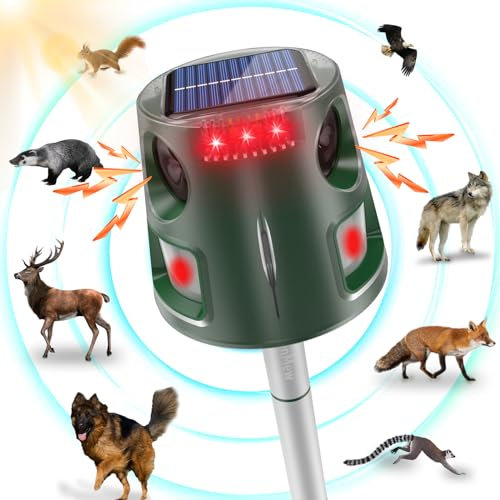 Répulsif Chat Ultrason, Repulsif Pigeon Ultrason Solaire, 5 Modes Repulsif Anti Chat Exterieur, 32ft Repulsif Oiseaux Charge de Solaire USB, pour Jardin, Chats, Pigeon, Lapin, Oiseaux, Souris