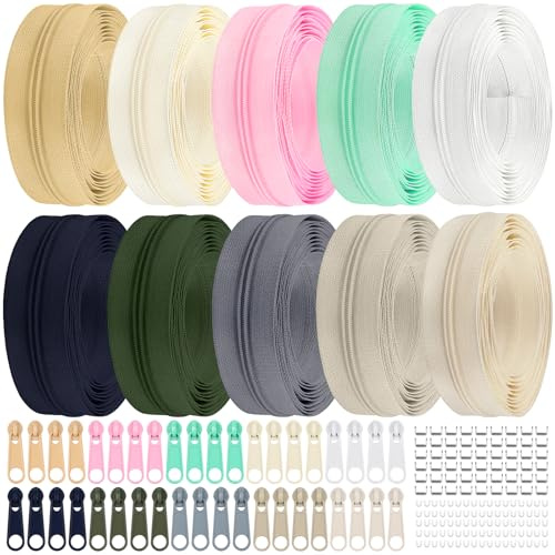 DOITEM 10 Colors #3 Nylon Coil Zippers 28 m Nylon Endless Zip Set with 40pcs Sliders and Zip for Sewing and Crafts