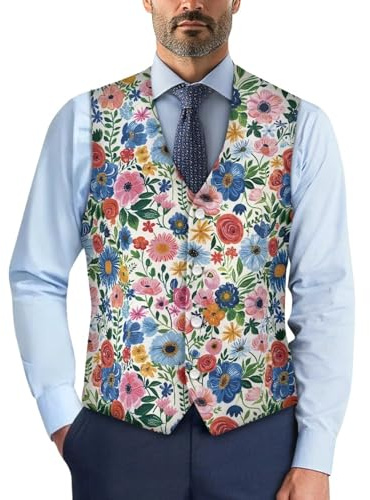 Biyejit Gilet camouflage pour homme, gilet de costume formel avec boutons, gilet fin à col en V, gilet pour le travail, smoking, fête S à 4XL, Fleurs Coloful, L