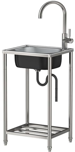 FreeStanding Garden Sink Utility Outdoor Sink Stainless Steel Commercial Kitchen Single Bowl Industrial Sinks Portable Mobile Wash Basin with Storage Shelf for Garage/Laundry/Camping