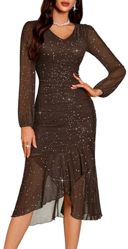 DRESSTELLS Sequin Wedding Guest Dresses for Women UK, Sparkly Long Sleeve Wedding Guest Cocktail Evening Party Prom Bodycon Split Mesh Long Dress Brown L