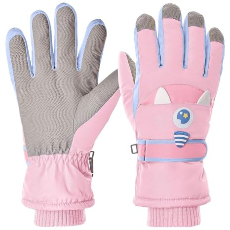 Muorruo Gants de ski à écran tactile pour enfants, gants d'hiver imperméables avec grip, design monstre, clip anti-perte pour garçons et filles, gants d'hiver pour le snowboard, rose