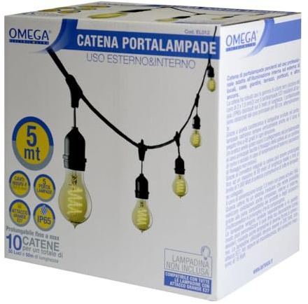 Generico Catena Luminosa 5 Metri con 5 Portalampade E27 - Cavo Nero Professionale IP44 per Esterno e Interno - Catenaria Prolungabile fino a 100m - Ideale per Giardino, Terrazzo, Locali e Feste