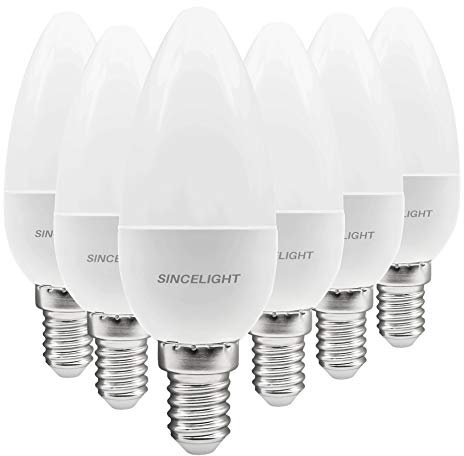 SINCELIGHT Ampoule LED en forme de bougie B35 et culot E14, IRC (RA≈92), Diffuseur laiteux, 5W, Blanc Froid (6500K), 500lm, Lot de 6