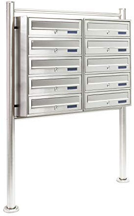 Wiltec 10er Briefkastenanlage Edelstahl 270 x 898 x 1500 mm, Standbriefkasten mit 2x5 Fächern, Schlüssel und Namensschild, Briefkasten Postkasten mit Ständer