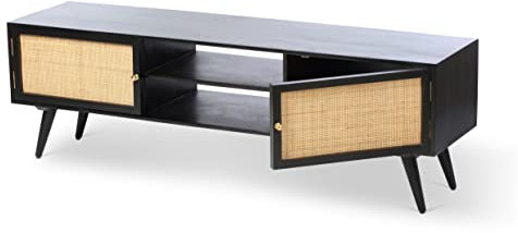Desser Manhattan TV Unit Rattan & Mango Wood with Storage – Wide 2 Door Freestanding TV Stand with 4 Shelves – Wicker Cane Webbing & Mango Wood in Black - H50cm x W160cm x D40cm