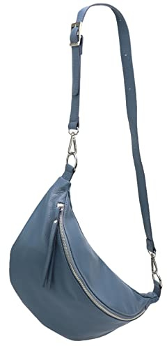 SH Leder echt Leder Damen Unisex Brusttasche für Festival Reise mittelgross Hüfttasche Crossbody Bag Verstellbarer welchsellbar Schultergurt Frauen Ledertasche 37x21cm Greta G747 (Jeansblau)