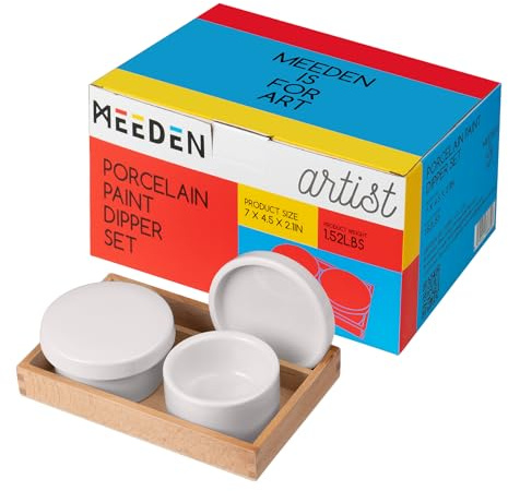 MEEDEN 2 Pack Porcelain Palette Cup: Deep Well Oil Paint Dipper | Ceramic Palette with Lid, Oil Painting Cup, Artists Paint Water Cup, Brush Wash Bowl with Beech Wood Tray