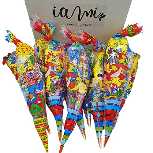 IAMI Bolsas Chuches. 12 Conos Rellenos de Golosinas. Cada Cucurucho lleva 10 Chuches Surtidas. Bolsas de Cumpleaños Listas para Repartir