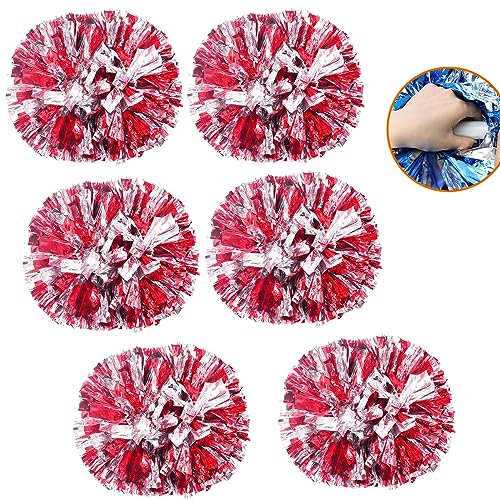 6 STK Pom Poms Cheerleading, Cheerleader Pompoms, 12 Zoll Metallic Cheerleading Pompoms, Cheer Poms mit Griff, Cheerleader Pompons Handblumen Für Sport Tanz Jubelnde Kinder Erwachsene (Rot+Silber)