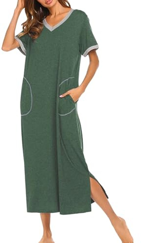 rismart Camicia da Notte Donna Pigiama Vestito Abito per Casa Manica Corta con Tasche Verde,XXL