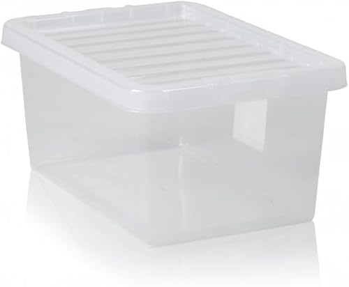 Checkmart PACK OF 2 Large Storage Box with Lid Strong Plastic Stackable Nestable Container Home Office Clear (14 Litre)