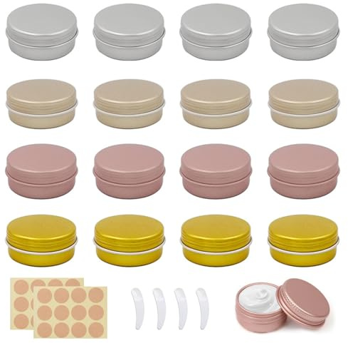 WestCH 16Pièces Pots en Aluminium 25ML Pots de Contenants Cosmétiques Vides avec Mini Spatule et Étiquettes pour Échantillon Conteneurs de Baume à Lèvres Stockage de Voyage Candle