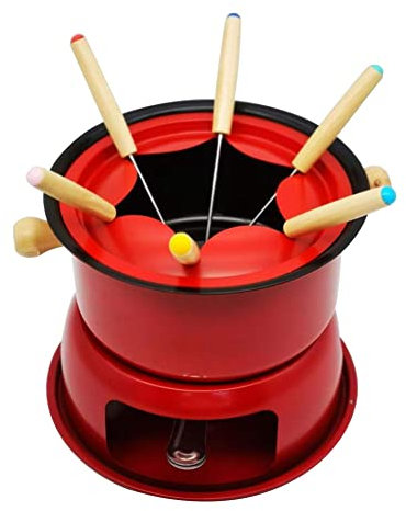 Feriany Set di mini pentole rosse in acciaio per fonduta di formaggio e cioccolato, 6 forchette da immersione e pentola rimovibile per sciogliere salsa caramelle